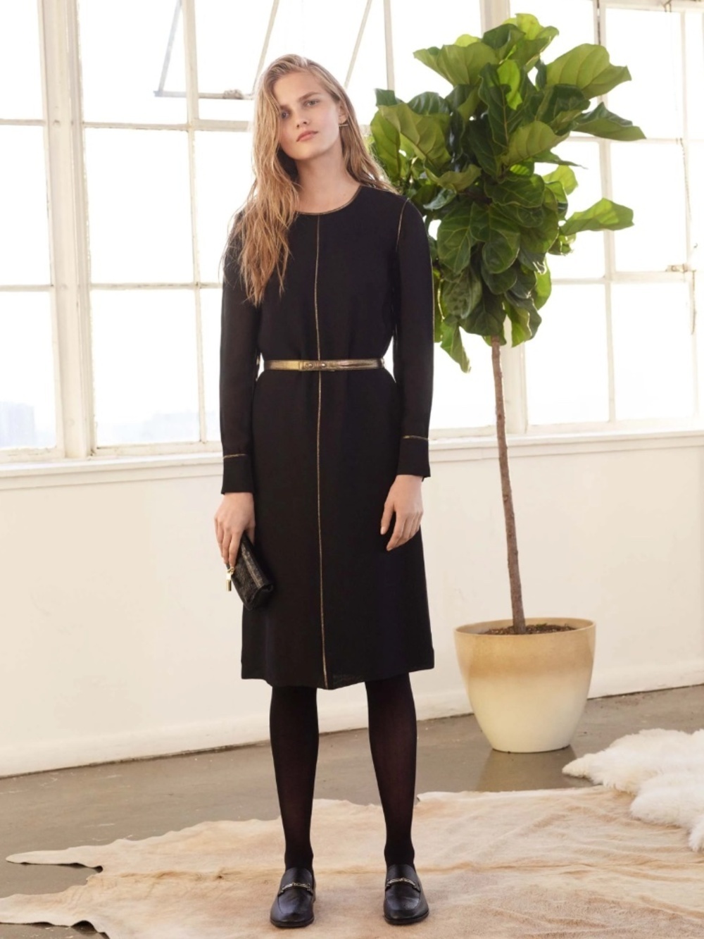 Elizabeth and James Annabelle Long-Sleeve Belted Dress Bronze Black 2